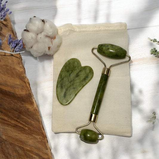 Conjunto Roller e Gua Sha de Pedra Jade